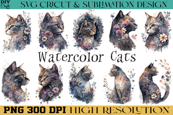 Download Cute Cat Flowers PNG Watercolor Design - Design Collection